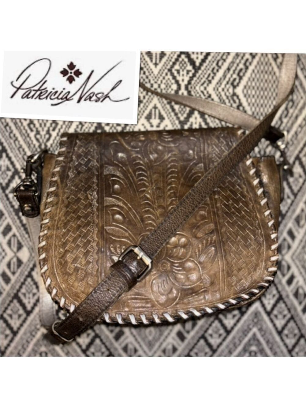 RARE Patricia Nash Boho Western Saddle Bag- Hand Tooled Floral Italian Leather